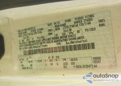 2010 Ford E-350 Super Duty Xl/Xlt из США, поврежденный, VIN 1FBSS3BL8ADA77449